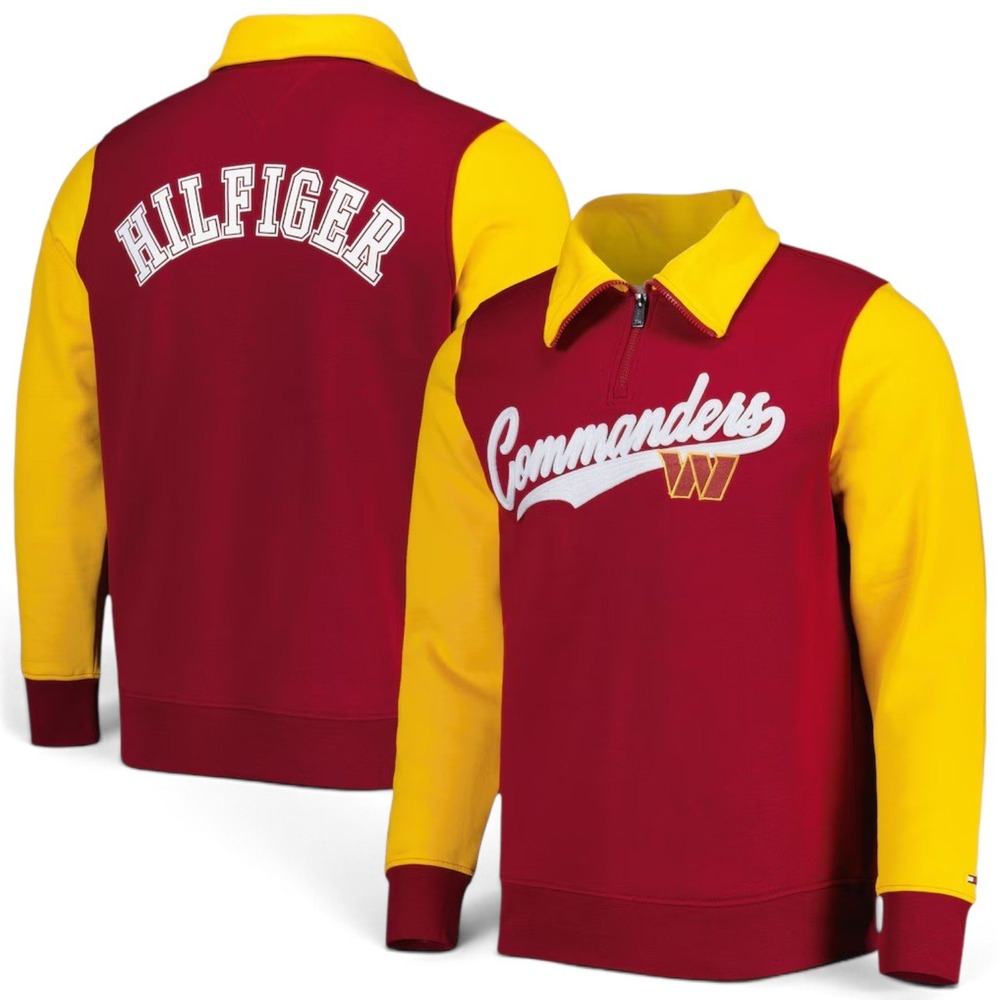 Tommy Hilfiger x NFL Washington Commanders Aiden 1/4 Zip Mens L Burgundy Gold